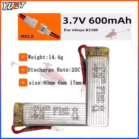 WLtoys K110S 3.7V 600mAh 1S LiPo Battery MX2.0 Plug for K100 RC Helicopter Spare Parts