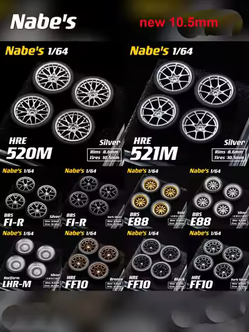 10.5mm Wheels Tires 1/64 Nabes X Chika BBS HRE for 1:64 Model Car Modified Parts