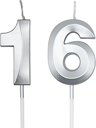 Silver 16th & 61st Birthday Candles for Cakes, Number 16 61 Candle Cake Cupcake Topper for Birthday