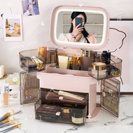 Desktop Storage Rack Skincare Organizer Box Drawer Integrated with Light and Mirror Dustproof Cosmet
