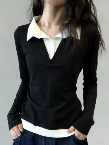 Causal Streetwear Fake 2 Pieces Patchwork Turn Down Collar Long Sleeve T-Shirt Women Clothing Y2k Gy