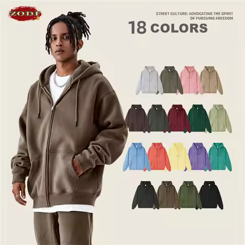 ZODF Basic Winter Men Fleece Zipper Hoodies Unisex Casual Loose 350gsm Warm Solid Hooded Sweatshirts