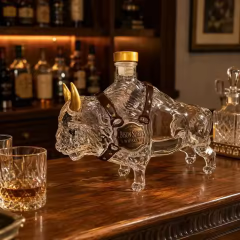 Bison Shaped Glass Whiskey Decanter Buffalo Trace 250th Anniversary Liquor Bottle Golden Cap Home Ba