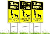 3 Pack 8x12 inch Slow Down Kids and Pets at Play Sign with Metal Wire H-Stakes - Drive Like Your Kid