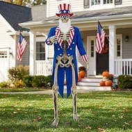 OceanCamel 3 Pcs 12ft Skeleton Outfit Set, Patriotic Uncle Style Costume with Stars Top Hat, Tailcoa