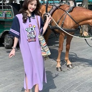 【Dress Oversized】(40-150kg) Short Sleeves Polo Collar T-shirt Plus Size Dress Printed Reach Calf Korean Street Fashion Midi Dress