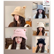 Bucket Hat (MeoW) Korean Style Warm Rabbit Fur Hat for Women (L536HATSTORE)