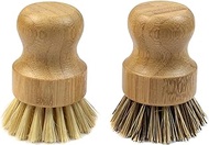 AUEAR, Natural Bamboo Dish Scrub Brush Cleaning Brush Pot Scrubber Brushes Coconut Bristles for Cast Iron Skillet Pots Pans (2-Pack, (1) Deep Color and (1) Light Color)