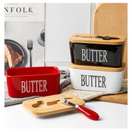 Butter Margarine Dish Box, Ceramic Butter Plate with Wood Lid and Butter Knife Storage Tray Bread Kitchen