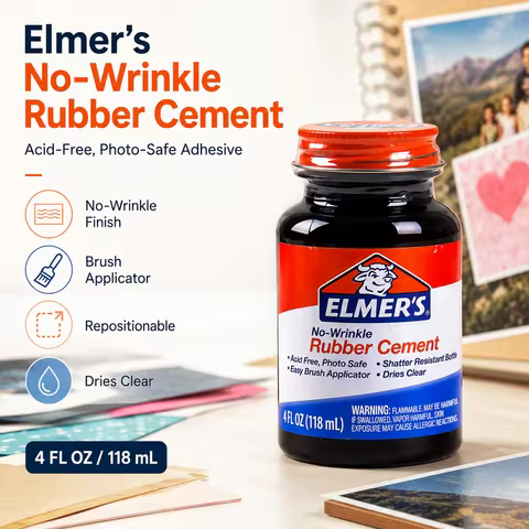 Elmer's No-Wrinkle Rubber Cement 4oz Clear Glue with Brush Applicator Photo Safe Adhesive for Scrapb