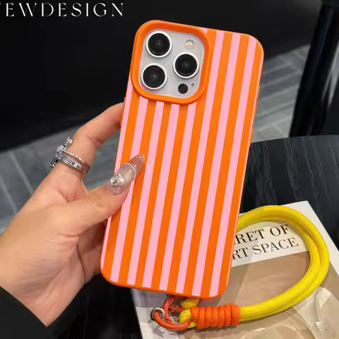 Colorful Striped Minimalist INS Couple Phone Chain Lanyard Case For iPhone 17 16 11 13 Plus 12 14 15