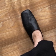 柔軟羊皮 牛皮鞋底 手工做 復古時髦方頭平底真皮拖鞋 四季外穿