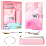 Diary with Lock Set for Girls Ages 8-12 Kids Journal Kit A5 Password Notebook with Pencil Case Brace