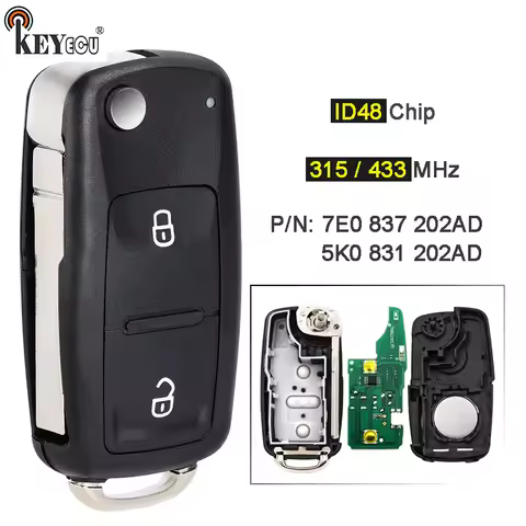 KEYECU 315MHz/ 433MHz ID48 Chip 7E0 837 202AD / 5K0 831 202AD Flip Remote Key Fob for Volkswagen Ama