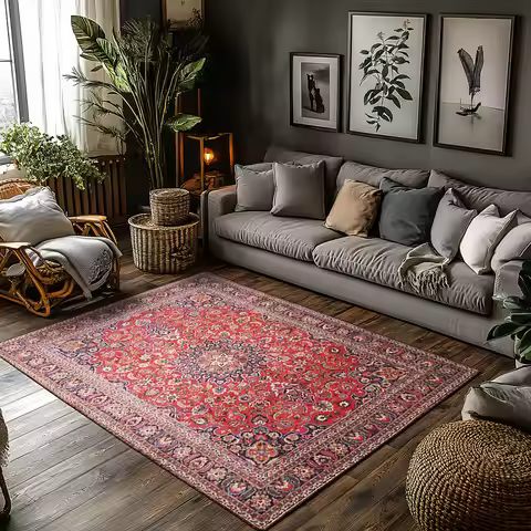 Classic Blue Floral Persian Rug Living Room Decor Ottoman Cover Rustic Boho Style Area Mat for Home 