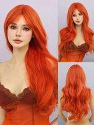 26英寸橙色長卷合成假髮配瀏海,自然捲髮日常、派對、cosplay用的防熱假髮