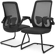 MoNiBloom Office Guest Chair Without Wheels, Lumbar Support Sled Chair Ergonomic Middle Back Task Chair with Flip-Up Arms for Reception Conference Wait Room 250 LBS Capacity, Set of 2, Black