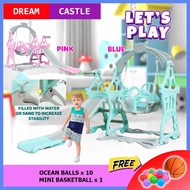 HOBBY TREE 3 In 1 Swing & Slide Dream Castle Indoor / Outdoor Mini Playground With Basketball Hook P