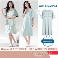 【SG SELLER】Chest Pad Night Dresses 100% Cotton Pyjamas Women Pajamas Short sleeve Loose Sleepwear Th