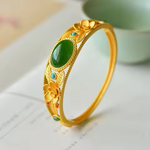 Natural Hetian jade bracelet Ancient gold craft pastoral style fashion bangles for women wedding jew