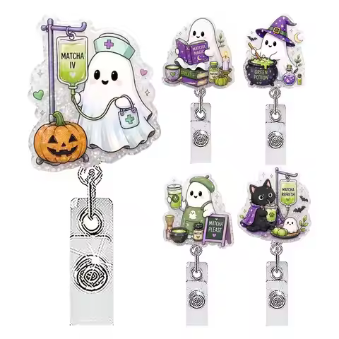 Halloween Badge Reel 5 Piece Cute Funny Nurse Student Name ID Clip Retractable Horror Badge Reel For