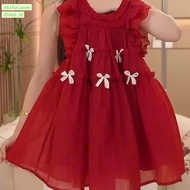 Red princess silk dress with pretty bow 10-40kg S5468