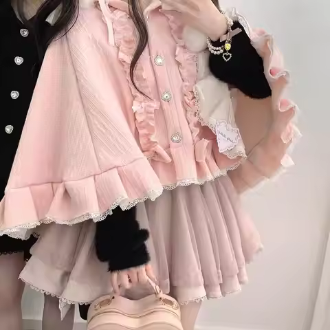 New Japanese High Street Sweet Jaquard Single Breasted Cloak Y2k Aesthetic Kawaii Pleated Lace Edge 