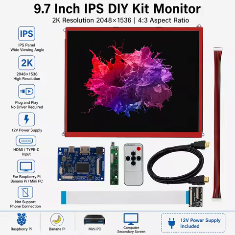 9.7-inch 4:3 2K HD LCD Screen DIY Driver Board Kit,2048×1536,HDMI-Compatible PC Auxiliary display/su