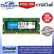 Crucial 8GB Single DDR3/DDR3L 1600 MT/S (PC3-12800) Unbuffered SODIMM 204-Pin Memory RAM- CT102464BF