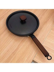 1個帶木柄和蓋子的鑄鐵煎鍋,無塗層不粘平底鍋,適用於瓦斯爐和電磁爐,適用於煎魚,煎蛋,牛排和其他烹飪,廚房用品