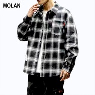 MOLAN แจ็คยีนส์ เสื้อเชิ้ตแขนยาวผู้ชาย เสื้อเชิ้ตแฟชั่นผช ลายสก็อต สไตล์เกาหลี