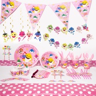 COD Cartoon Baby Shark Pink Theme Kids Baby Birthday Party Home Party Disposable Tableware Decoration Set Banner Balloon