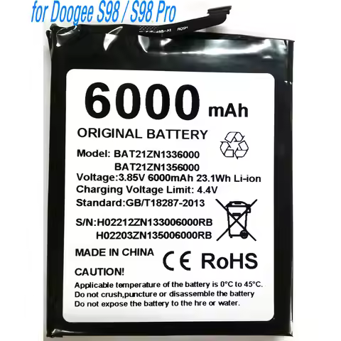 2025 Year 3.85V 23.1Wh BAT21ZN135600 BAT21ZN133600 High Capacity Battery for Doogee S98 / S98 Pro / 