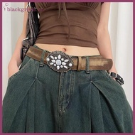BGREEE Vintage White Stone Bule Belt Engraved Flower Belt Embossed Leather Belt Boho Western Belt Je