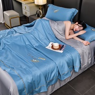 【New】4in1 Luxury Ice Silk Bedding Set Queen King Size冰絲床單 Bed Sheet Set Tempat Tidur Mewah Kain Cadar Wheat Ear Embroidery Cool Mattress Cover with Pillowcases