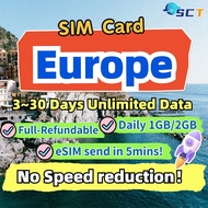 SCT Europe &amp; UK SIM Card Daily 1GB/2GB 5-90 Days Unlimited 4G data For Italy France