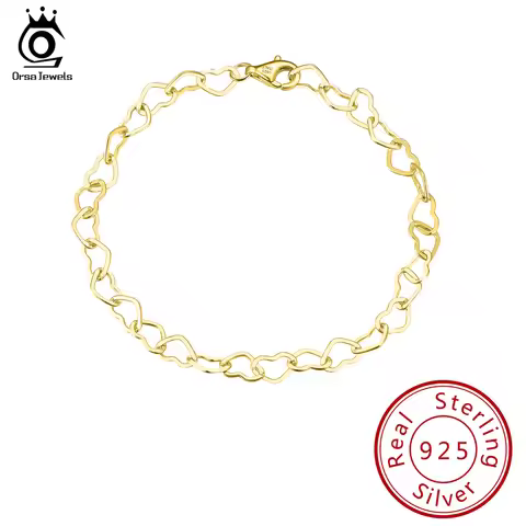 ORSA JEWELS 14K Gold Plated 925 Sterling Silver Elegant Heart Link Chain Bracelet For Women Girl OL 