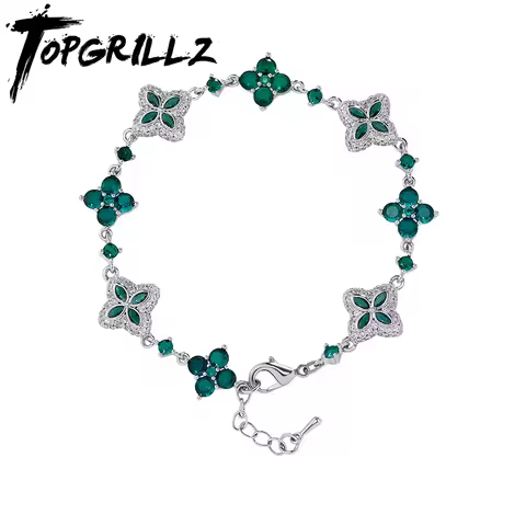 TOPGRILLZ Iced Out Classic Brass Bracelet Ladies Adjustable Four Leaf Clover Chain Bracelet With 5A+
