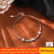 S999 Solid Silver Four-Leaf Clover & Bow Bracelet Gelang, French Luxe Design, Micro Inlaid Zircon Ex