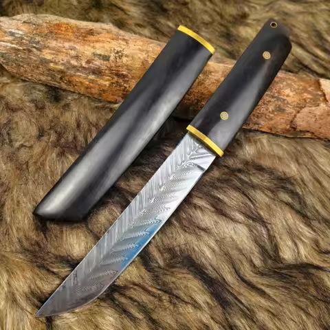 Damascus steel straight knife outdoor survival knife portable hand ebony handle tactical knife