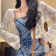 Boho Crochet Hollow Blouse with Knitted Cardigan - Casual Bohemian Outfit