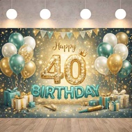 Teal Gold 40th Happy Birthday Backdrop Polyester Waterproof Photography Banner Adult Men Women 40 Ye