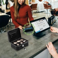 Locking Cash Safe Box with Key Lock, Money Box with Removable Coin Tray, Portable Metal Cash Box wit