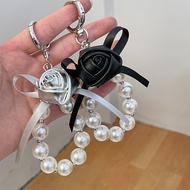 Korean Style Pu Rose Keychain Pearl String Bow Flower Car Keychain Bag Ornaments Valentine's Day Gif