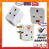 ME / MK / LEMAX 3 Pin 3 Way Multi Socket Adapter Plug With NEON LIGHT Indicator