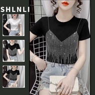 Spring Summer Women's Slim Fit Trend Rhinestone Round Neck Short Sleeved T-shirt