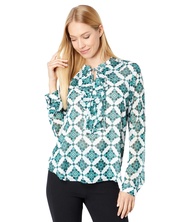 Tommy Hilfiger Long Sleeve Geo Ruffle Tie Neck Blouse Ivory/Forest XL