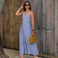 Tartan Smock Halter Dress ( white&navy ) Freesize | FIDUCIA BANGKOK