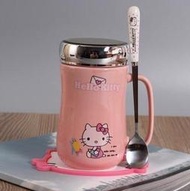 【上品居家生活】粉紅畫畫款 Hello Kitty 凱蒂貓 創意鏡面蓋 卡通風格陶瓷杯帶小湯匙/小勺子 (420ml)