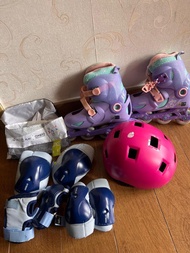 迪卡儂單排滾軸溜冰鞋，安全帽及護膝